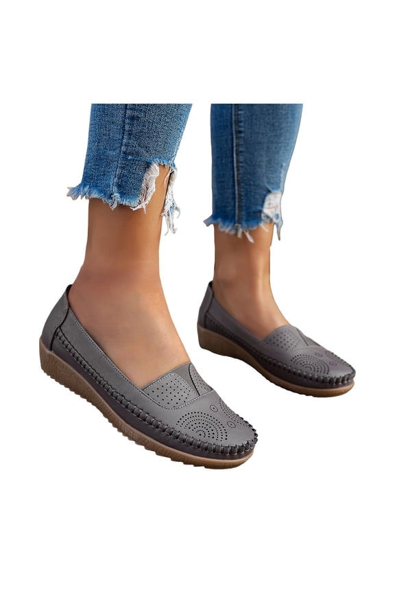 Women's Orthopedic Leather Loafers Comfortable Slip on Walking Ballet Flat Shoes Breathable Business Work Casual Driving Moccasins Grey Size 9