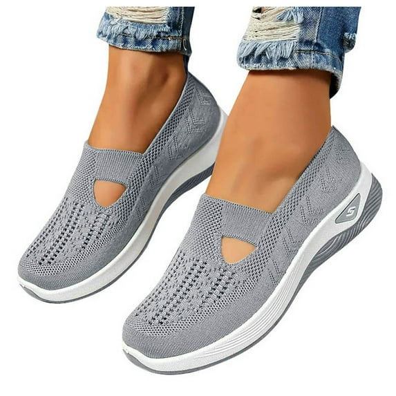 Pandaie Women's Orthopedic Walking Shoes Woven Breathable Soft Casual Sneakers Lightweight Non-Slip Arch Support Slip on Shoes Grey Size 6