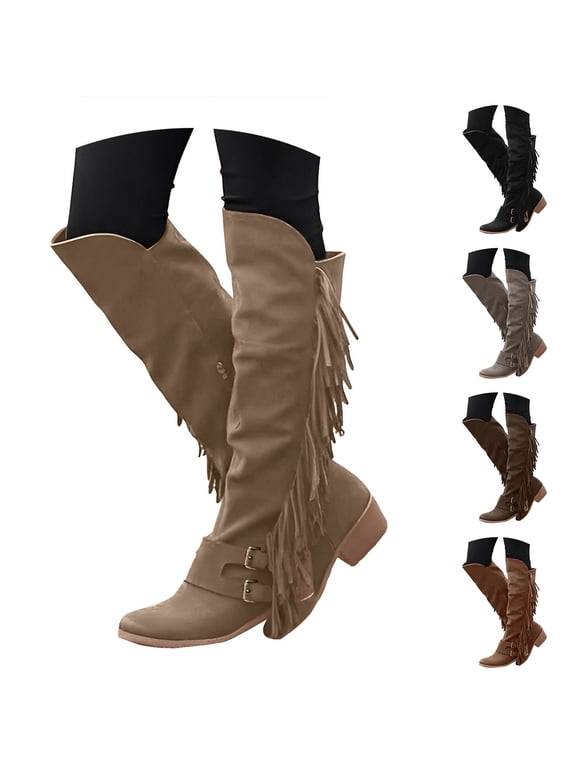 Women's Over Knee High Boots Retro Fringe Riding Long Boots Chunky Heel Tassel Casual Winter Shoes Black 6