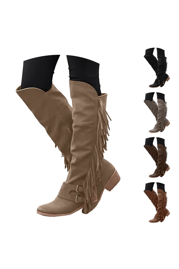 Women's Over Knee High Boots Retro Fringe Riding Long Boots Chunky Heel Tassel Casual Winter Shoes Black 6