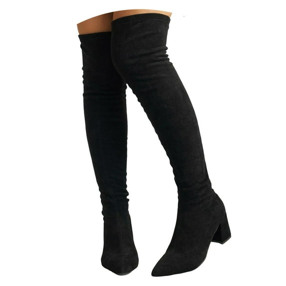 Pandaie Women's Over The Knee High Boots Suede Thigh High Boot Pointed Toe Stretch Chunky Heel Winter Dress Shoes Black 7