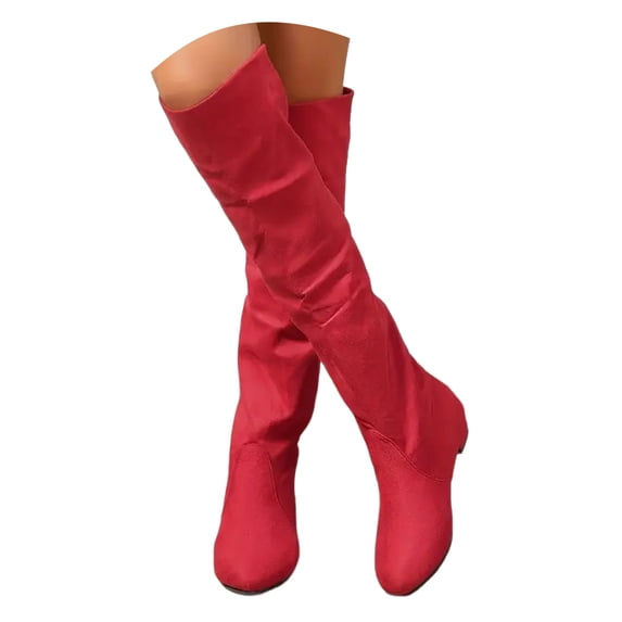 Pandaie Women's Over the Knee Boots Slouchy Faux Suede Low Chunky Heel Tall Booties Stretchy Thigh High Winter Boots Red 6.5