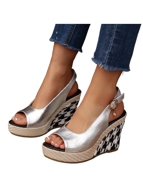 Women's Peep Toe Wedges Heels Slingback Platform Espadrille High Pumps Wedding Party Dress Casual Sandal 3-94 Inch Silver 7.5