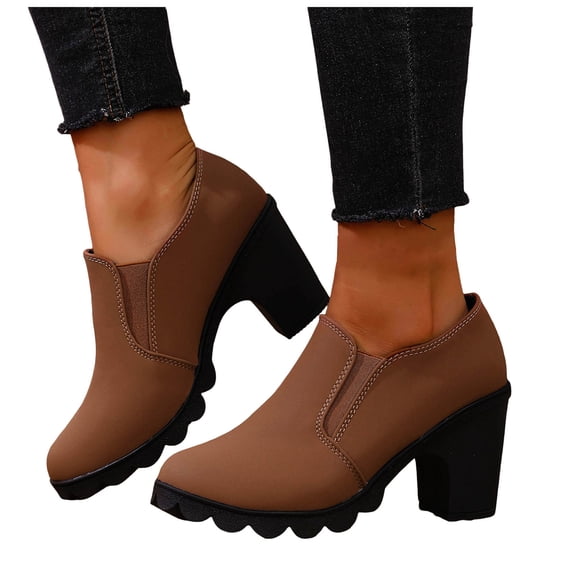 Pandaie Women's Platform Ankle Boots Chunky High Heel Slip on Short Booties Office Business Formal Fall Winter Dress Shoes Khaki 7.5