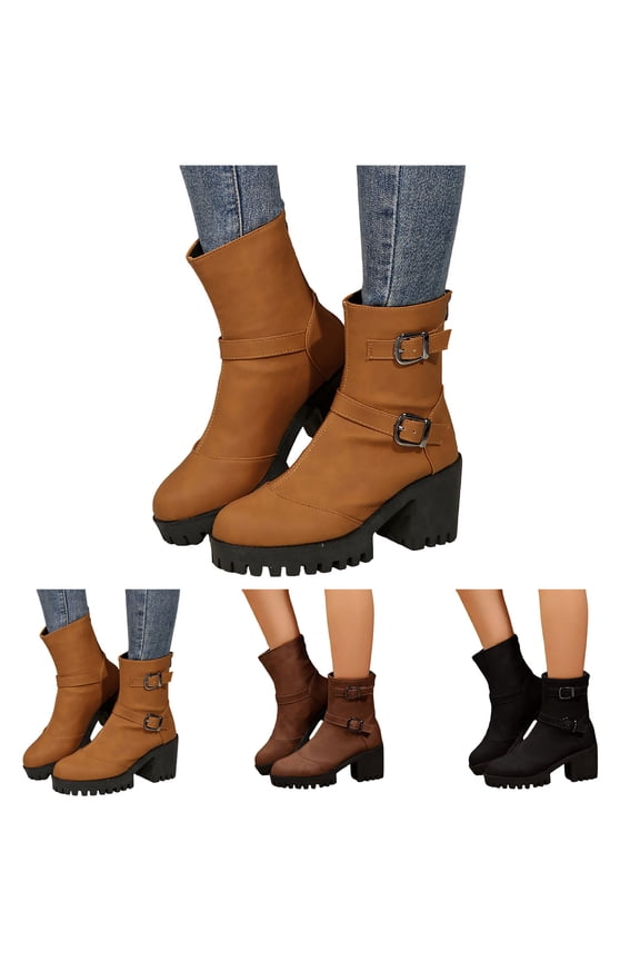 Women's Platform Ankle Boots Round Toe Chunky Block Heel Fall Booties Lug Sole Buckles Heeled Dressy Pumps Shoes Black 8