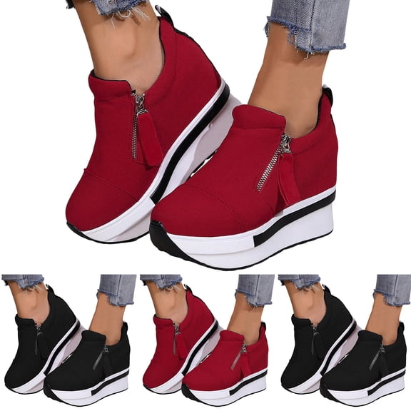 Pandaie Women's Platform Fashion Sneakers Tennis Casual Walking Shoes Wedge Heel Slip on Work Loafers Black 7