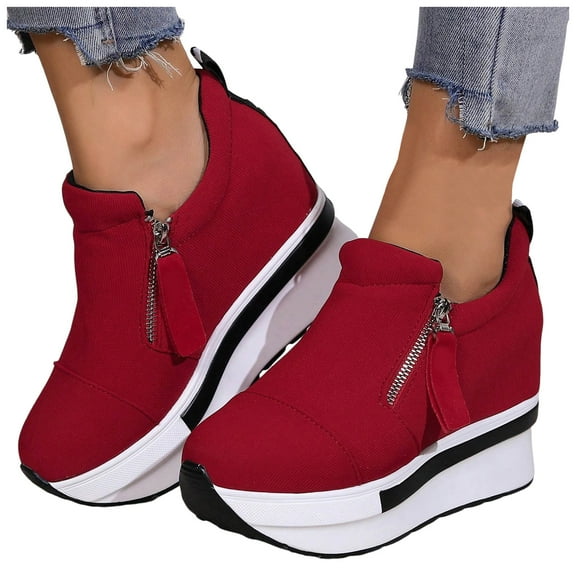 Pandaie Women's Platform Fashion Sneakers Tennis Casual Walking Shoes Wedge Heel Slip on Work Loafers Red 7