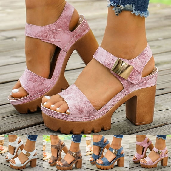 Pandaie Women's Platform Heel Sandals Open Toe Ankle Strap Wedding Party Dress Shoes Retro Orthopedic Wedge High Heeled Sandal (Blue,6.5)
