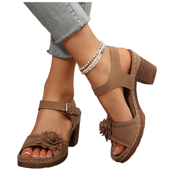 Pandaie Women's Platform Heels Block Chunky Heeled Sandals Open Toe Ankle Strap Flower Shoes for Dress Summer Beach Vacation Brown,6