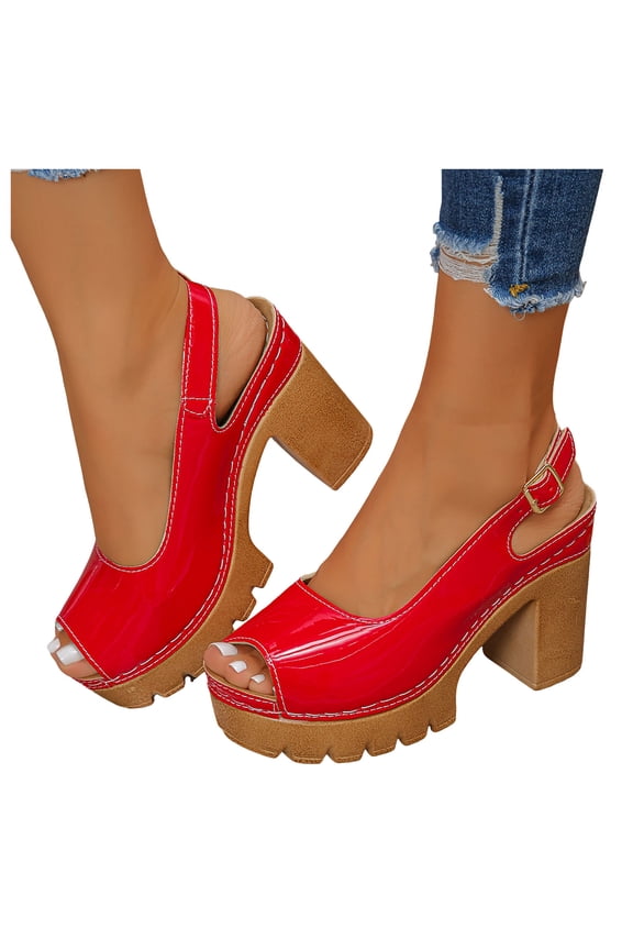 Women’s Platform High Heel Pumps Fish Mouth Open Toe Slingback Chunky Heeled Sandals 2026 Dressy Summer Wedge Shoes with Ankle Strap Red Size 8