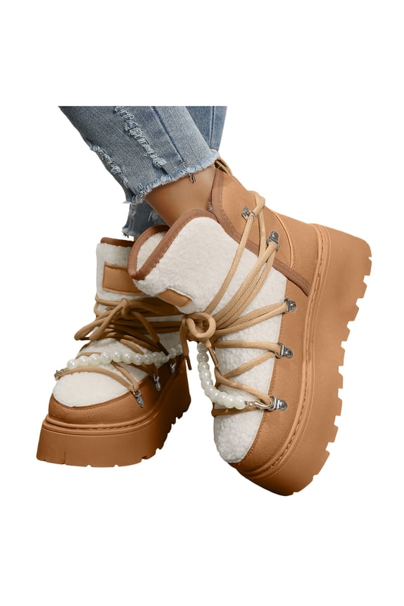 Women's Platform Mini Snow Boots Suede Slip on Fleece Lined Winter Booties Lace up Round Toe Outdoor Walking Ankle Boots Brown 7