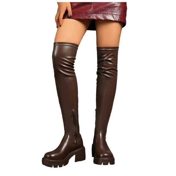 Pandaie Women's Platform Over The Knee Boots Stretch Lug Sole Thigh High Boot Chunky Heel Winter Long Tall Boots Brown 6.5