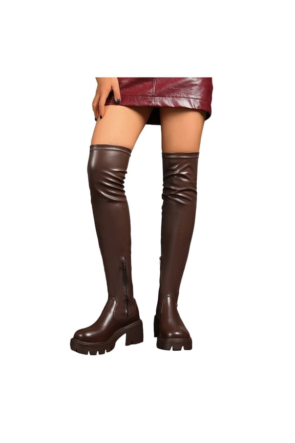 Women's Platform Over The Knee Boots Stretch Lug Sole Thigh High Boot Chunky Heel Winter Long Tall Boots Brown 8.5