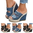 thumbnail image 1 of Pandaie Women's Platform Sandals with Double Buckles Comfortable Denim Wedge High Heels Slippers Summer Dressy Open Toe Walking Slip on Shoes Black Size 6.5, 1 of 6
