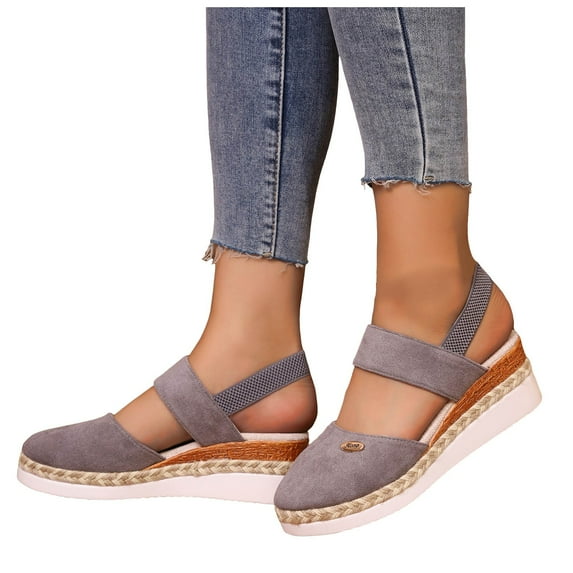 Pandaie Women's Platform Wedge Sandals Closed Toe Espadrille Summer Dressy Walking Shoes Elastic Ankle Strap Slingback Beach Sandals Grey Size 8