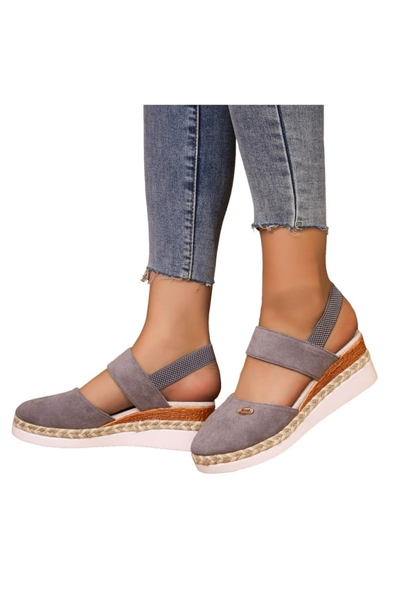 Women's Platform Wedge Sandals Closed Toe Espadrille Summer Dressy Walking Shoes Elastic Ankle Strap Slingback Beach Sandals Grey Size 8
