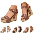thumbnail image 1 of Pandaie Women's Platform Wedge Sandals Comfortable Cork Wedges Dressy Summer Shoes Arch Support Buckles Casual Slip on Slides Beige Size 6, 1 of 9