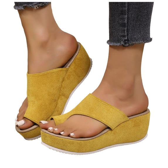 Pandaie Women's Platform Wedge Sandals Comfortable Dressy Summer Toe Ring Flip Flops Suede Arch Support Slip on Slides Yellow Size 7.5