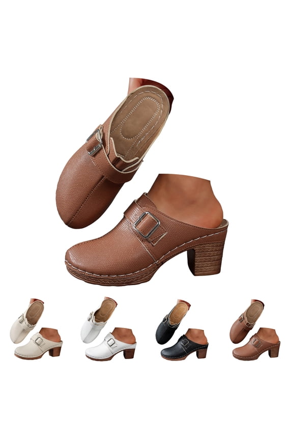 Women’s Pumps Closed Round Toe Slip on Heeled Clogs Leather Stacked Chunky Heel Backless Mules Casual Walking Slides Sandals Indoor Outdoor Beige Size 6