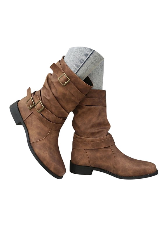 Women's Retro Mid Calf Boots Pull on Side Buckle Strap Low Heel Moto Booties Round Toe Riding Fall Winter Comfortable Fashion Boots Brown 9.5