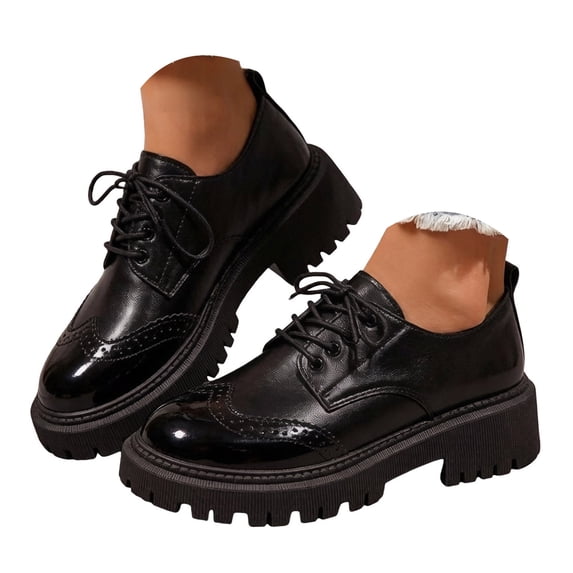 Pandaie Women's Retro Platform Chunky Heel Leather Shoes Slip on Business Casual Shoes Classic Round Toe Lug Sole Work Office Uniform Oxfords Loafers Black 6