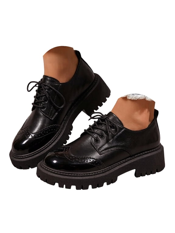 Women's Retro Platform Chunky Heel Leather Shoes Slip on Business Casual Shoes Classic Round Toe Lug Sole Work Office Uniform Oxfords Loafers Black 6