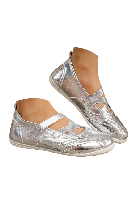 Women's Shiny Flat Shoes Cross Strap Slip on Glitter Mary Jane Flats Soft Sole Lightweight Comfortable Wedding Ballet Loafers Silver,10.5
