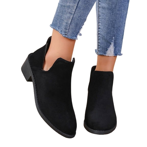 Pandaie Women's Short Ankle Boots Chunky Stacked Low Heel Western Booties V Cutout Office Business Dressy Slip on Work Shoes Black 6