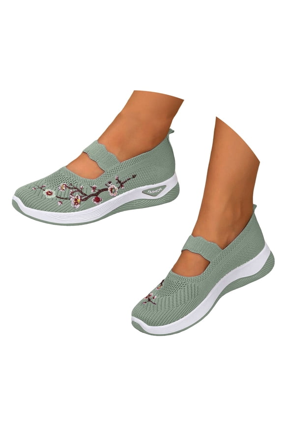 Women's Slip On Knitting Flat Loafers Flower Embroidered Mary Jane Breathable Memory Foam Orthopedic Walking Nurse Shoes Green,5.5