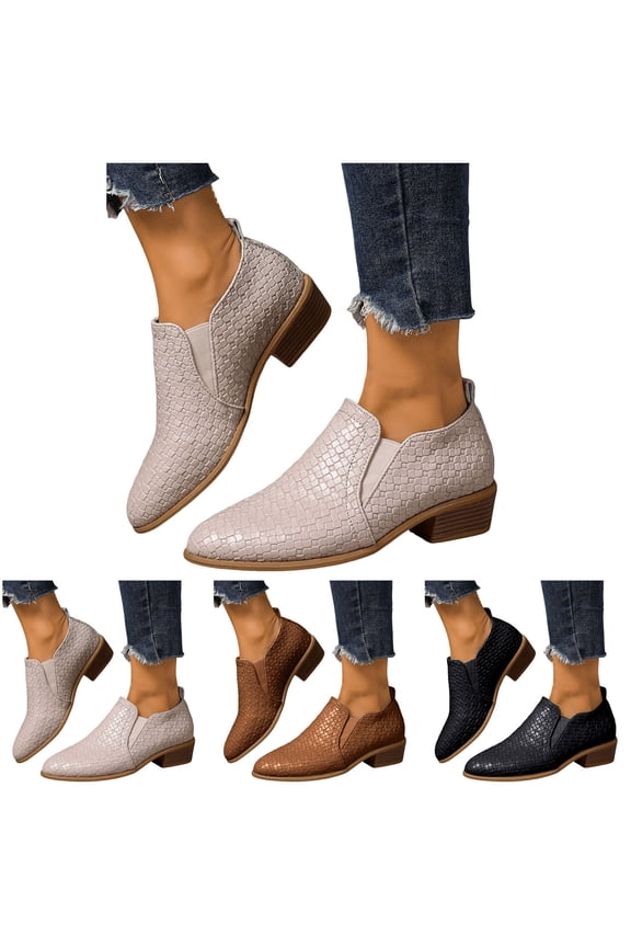 Women's Slip on Ankle Boots Pointed Toe Low Heel Western Chelsea Booties Leather Office Business Work Casual Loafer Shoes Black 7.5