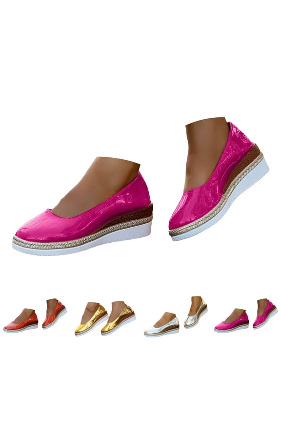 Women's Slip on Casual Shoes Leather Espadrilles Wedge Loafers Round Toe Walking Office Business Work Fashion Sneakers Gold 8