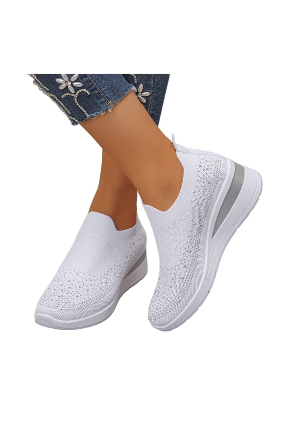Women's Slip on Walking Shoes Rhinestone Glitter Sneakers Mesh Breathable Wedge Heel Orthopedic Running Tennis Shoes White 9