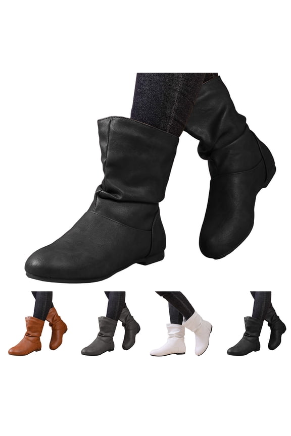 Women's Slouch Ankle Flat Boots Fashion Wide Calf Low Heel Short Booties Comfortable Leather Slip on Winter Riding Shoes Black 8.5