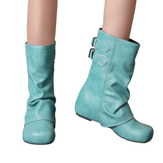 Pandaie Women's Slouchy Ankle Boots Fold Over Hidden Wedge Western Booties Pull on Wide Calf Buckles Motorcycle Riding Shoes Mint Green 7.5