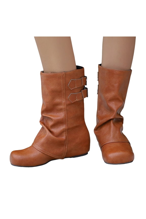 Women's Slouchy Ankle Boots Fold Over Hidden Wedge Western Booties Pull on Wide Calf Buckles Motorcycle Riding Shoes Orange 8