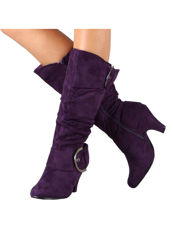 Women's Slouchy Knee High Boots Extra Wide Calf Winter Fall Tall Boots Buckles Block Mid Heel Riding Outdoor Shoes with Side Zipper Purple 10.5