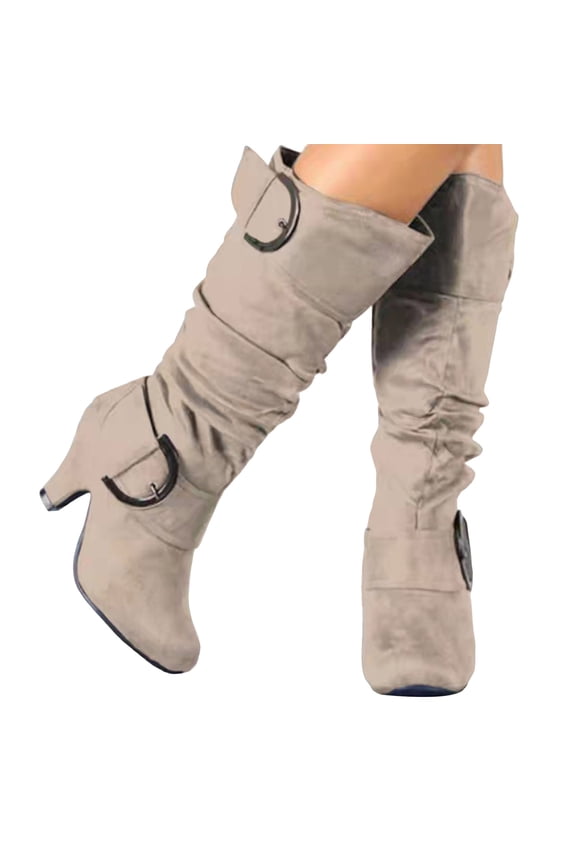 Women's Slouchy Knee High Boots Extra Wide Calf Winter Fall Tall Boots Buckles Block Mid Heel Riding Outdoor Shoes with Side Zipper Beige 5