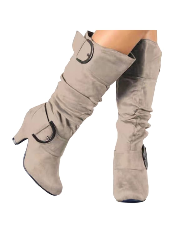 Women's Slouchy Knee High Boots Extra Wide Calf Winter Fall Tall Boots Buckles Block Mid Heel Riding Outdoor Shoes with Side Zipper Beige 5