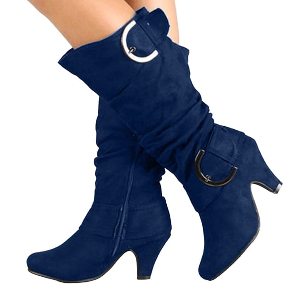 Pandaie Women's Slouchy Knee High Boots Extra Wide Calf Winter Fall Tall Boots Buckles Block Mid Heel Riding Outdoor Shoes with Side Zipper Blue 11