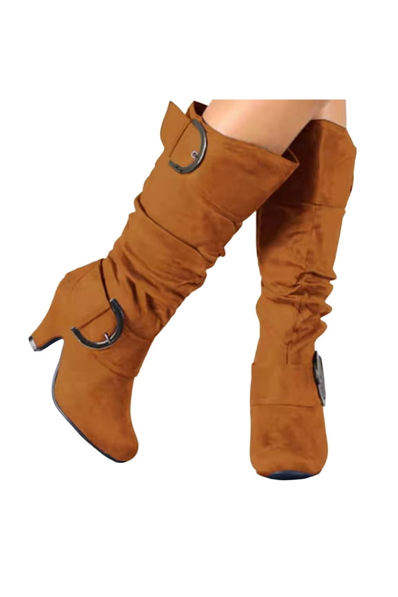Women's Slouchy Knee High Boots Extra Wide Calf Winter Fall Tall Boots Buckles Block Mid Heel Riding Outdoor Shoes with Side Zipper Brown 7