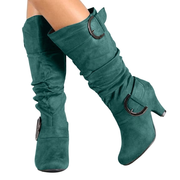 Pandaie Women's Slouchy Knee High Boots Extra Wide Calf Winter Fall Tall Boots Buckles Block Mid Heel Riding Outdoor Shoes with Side Zipper Green 7