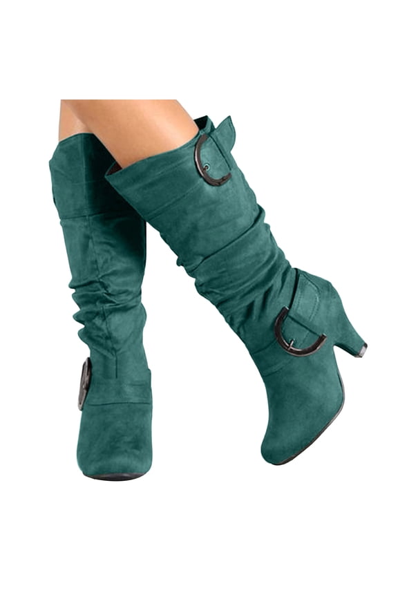 Women's Slouchy Knee High Boots Extra Wide Calf Winter Fall Tall Boots Buckles Block Mid Heel Riding Outdoor Shoes with Side Zipper Green 7