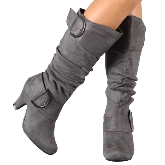 Pandaie Women's Slouchy Knee High Boots Extra Wide Calf Winter Fall Tall Boots Buckles Block Mid Heel Riding Outdoor Shoes with Side Zipper Grey 10