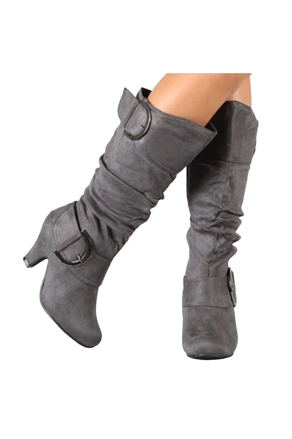 Women's Slouchy Knee High Boots Extra Wide Calf Winter Fall Tall Boots Buckles Block Mid Heel Riding Outdoor Shoes with Side Zipper Grey 8.5