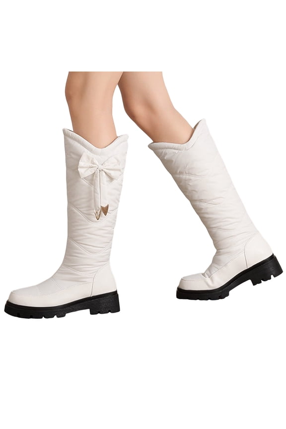 Women's Snow Boots Waterproof Winter Knee High Tall Boot Pull on Fleece Lined Wide Calf Outdoor Shoes with Side Bow White 6.5