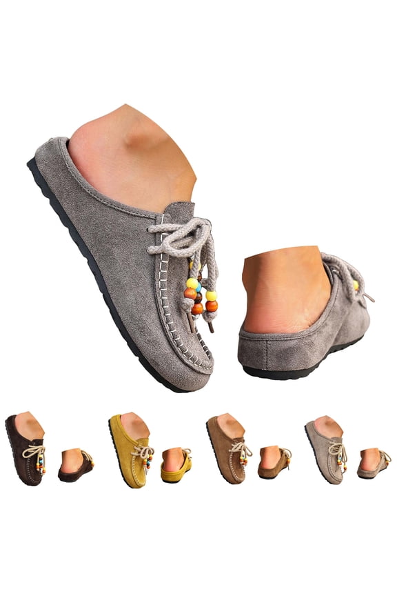 Women's Suede Flat Moccasins Mules Beaded Lace up Comfortable Slip on Clogs Soft Sole Casual Work Loafers Summer Walking Slides Brown Size 6