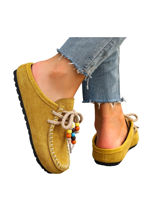 Women's Suede Flat Moccasins Mules Beaded Lace up Comfortable Slip on Clogs Soft Sole Casual Work Loafers Summer Walking Slides Yellow Size 7