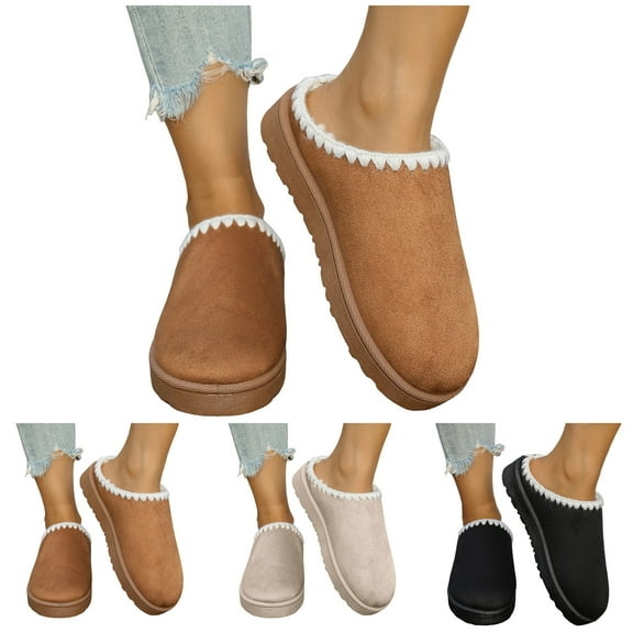 Pandaie Women's Suede Slippers Winter Platform Short Mini Boots Fleece Lined Indoor Outdoor Shoes Snow Ankle Booties Beige 6