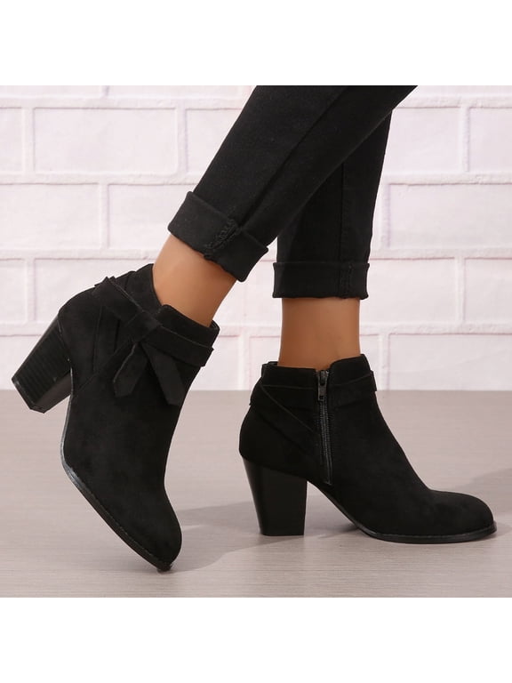 Women's Tie Knot Chelsea Pump Ankle Boots Closed Toe Side Zipper Chunky Heel Booties Shoes for Daily Wear Casual Outing Walking Office Work Black 5