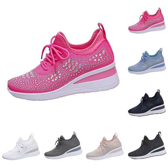 Pandaie Women's Walking Sneakers Knitted Mesh Breathable Slip on Shoes Platform Wedge Casual Sparkly Rhinestone Sneakers for Everyday Wear Black 6